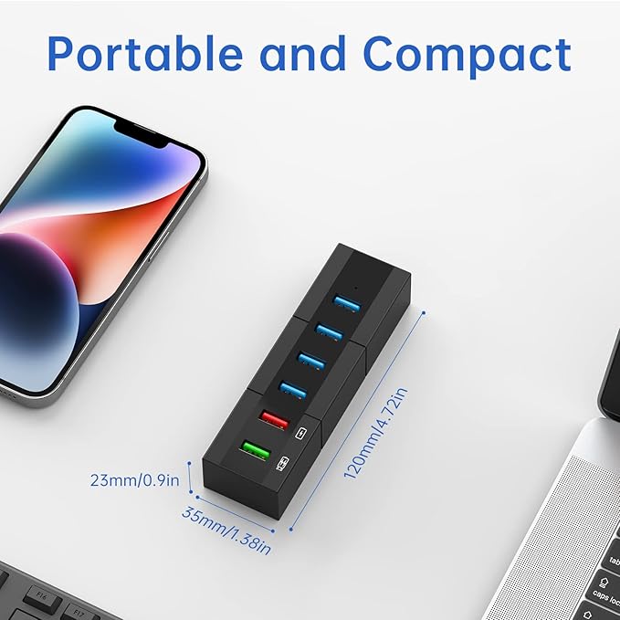 Powered USB 3.0 Hub, RAOYI 6 Ports High Speed USB 3.0 Hub Splitter with 24W Power Adapter, 3.3ft Cable and Smart Fast Charger USB Hub for Laptop, PC, Mac, Mobile HDD, Mulitple Devices (Black)