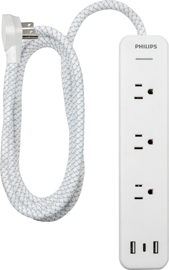 Philips EZFit 3-Outlet Adapter-Spaced Surge Protector, 6ft Braided Cord, Power Strip, Extension Cord with 2 USB-A and 1 USB-C, 490J, White, SPP3863W/37