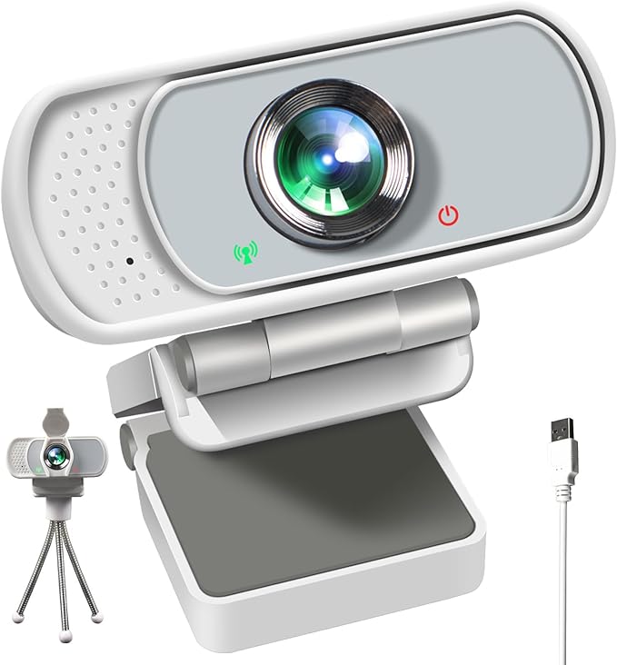 Full HD 1080P White Webcam with Privacy Shutter and Tripod, Pro Streaming Web Camera with Microphone, Widescreen USB Computer Camera for Laptop Desktop Mac