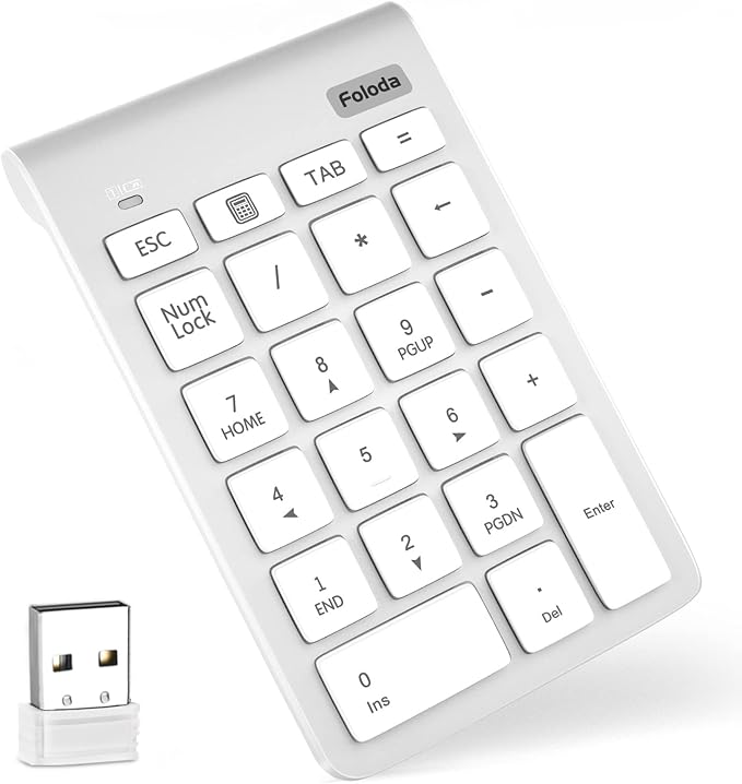 Foloda Wireless Number Pad, 10 Keys USB Keypad for Laptop, 22 Keys Extensions Numeric Numpad Computer Laptop Accessories for PC Desktop Surface Pro Notebook