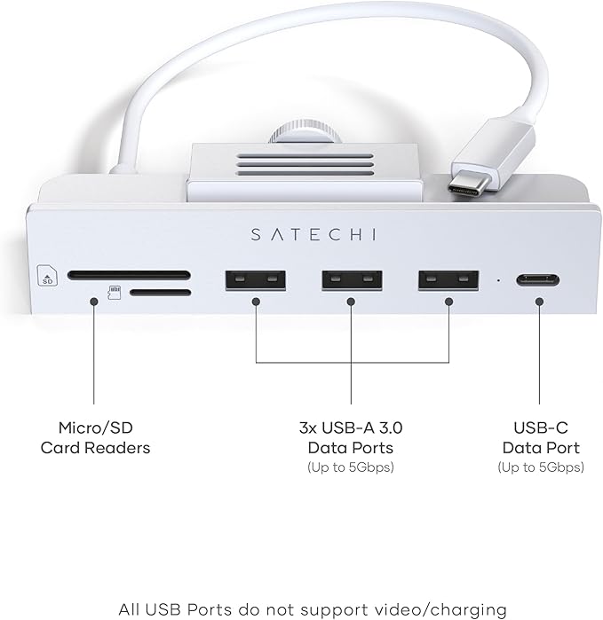 Satechi USB C Hub, iMac USB Adapter, USB C Data Port, USB-A 3.0 Data, Micro/SD Card Readers, USB C Clamp Hub for iMac M4, Does Not Fit 2020 iMac & Earlier Models - Silver