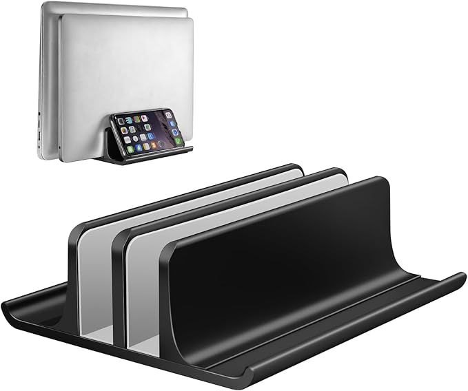 Vaydeer Double Adjustable Vertical Laptop Stand Newly Designed 2 Slots Aluminum Desktop Dual Holder for All MacBook/Chromebook/Surface/Dell/iPad Up to 17.3 Inches - Black