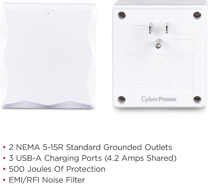 CyberPower P2WU Professional Surge Protector, 500J/125V, 2 Outlets, 3 USB Charge Ports, Wall Tap Design, White