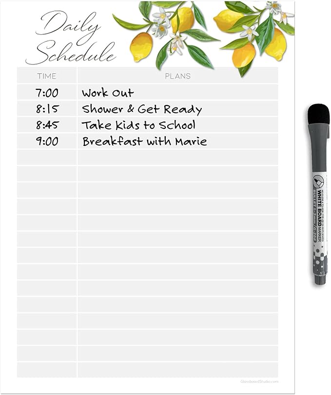 Dry Erase Daily Schedule Planner Sticker Decal by Glassboard Studio | Removable & Reusable | Magnetic Fine-Tip Marker Included (9 x 12 inches, Lemon Fresh)