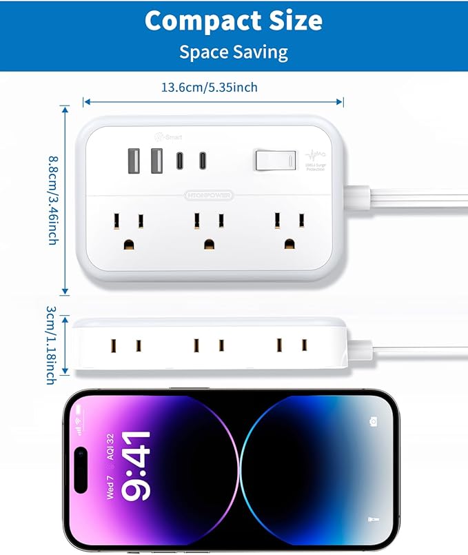 Power Strip with 6 Outlets 4 USB Ports(2USB C), Flat Extension Cord with Multiple Outlets, 1080 Joules, 5 ft Flat Plug Outlet Extender for Indoor, Office Supplies, Dorm Room Essentials