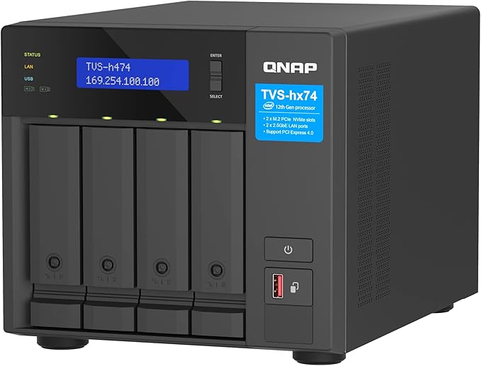 QNAP TVS-h474-PT-8G Intel Pentium Gold Processor, 8GB RAM, PCIe Gen 4 expandable NAS, Black, Rack Mount, Metal, Compatible with CPU