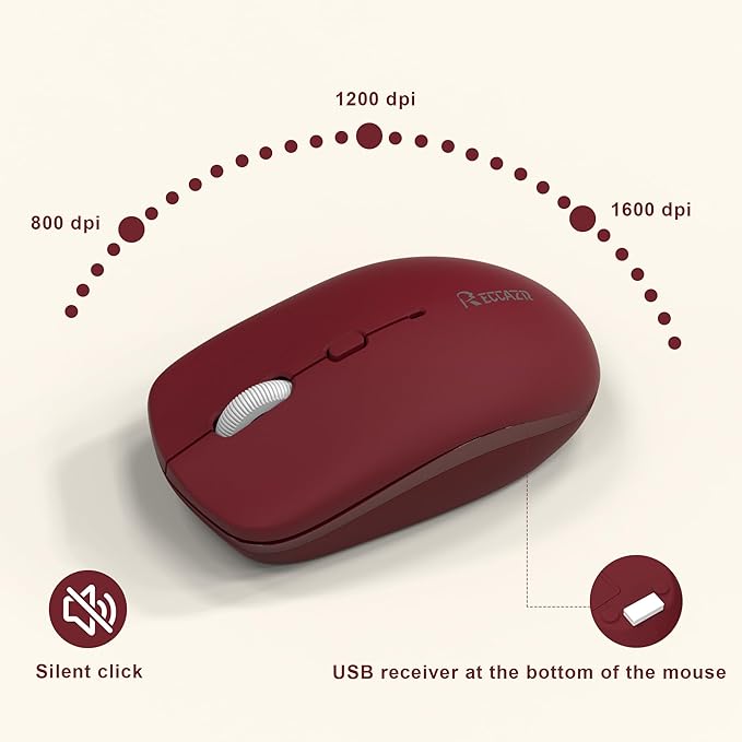 Wireless Keyboard and Mouse Combo, Full-Sized Wireless Keyboard and Adjustable DPI Mouse, 2.4GHz USB Receiver, Keyboard and Mouse for PC, Windows, Desktop, Laptop (Wine Red-B)