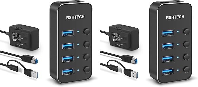 RSHTECH 4 Port Powered USB 3.0/USB C Hub Upgraded Version with 2-in-1 3.3ft USB Cable,5V Power Adapter and Individual Switches, Portable Aluminum USB Splitter for Laptop and PC, RSH-ST04 (Pack of 2)