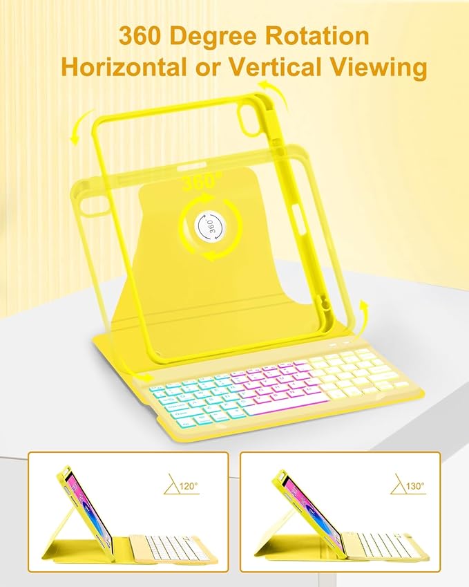 Case with Keyboard Mouse for iPad A16 11th 10th Generation 11/10.9 inch,Rainbow Backlit Detachable Keypad Rotatable Magnetic Cover with Pencil Holder for iPad 11 2025 10 Gen 2022 Yellow