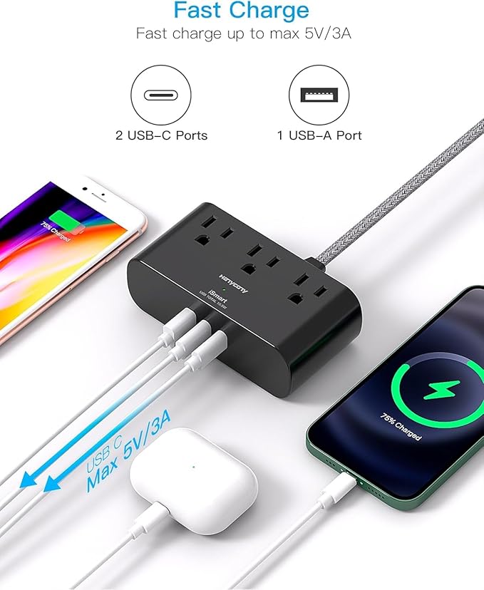 10 Ft Ultra Thin Flat Extension Cord, HANYCONY Black Flat Plug Power Strip with 3 Outlets 3 USB Ports(2 USB C), Desk Wall Outlet Extender, Non Surge Protector for Cruise, Dorm Room Essentials