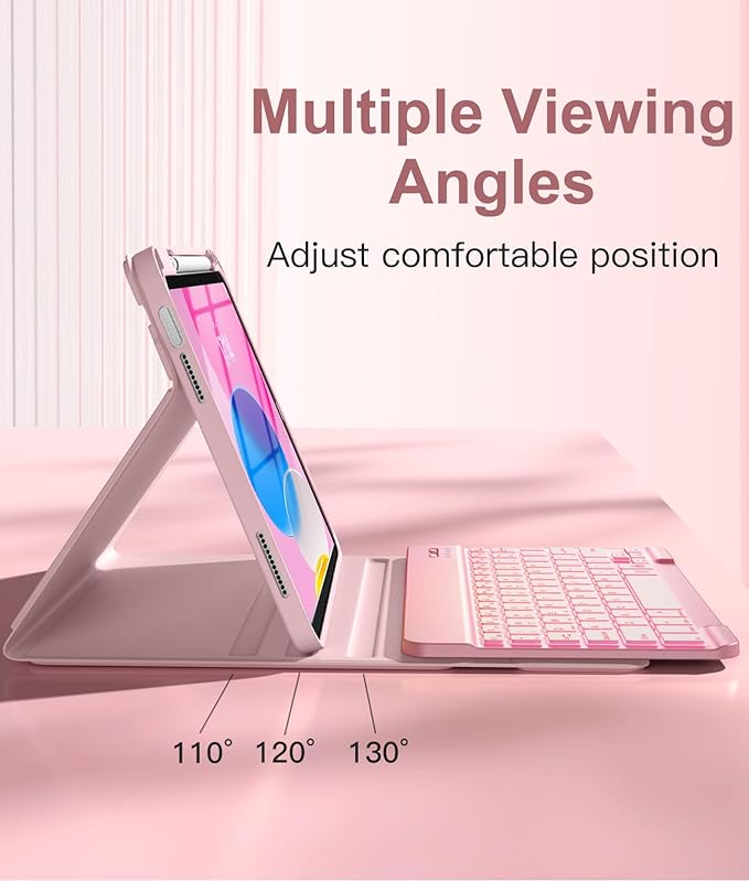 Hamile for iPad 11th 10th Generation Case with Keyboard - 7 Colors Backlit Wireless Detachable Folio Keyboard Cover with Pencil Holder for iPad 11-inch A16 2025 10th Gen 10.9 Inch 2022 (Light Pink)