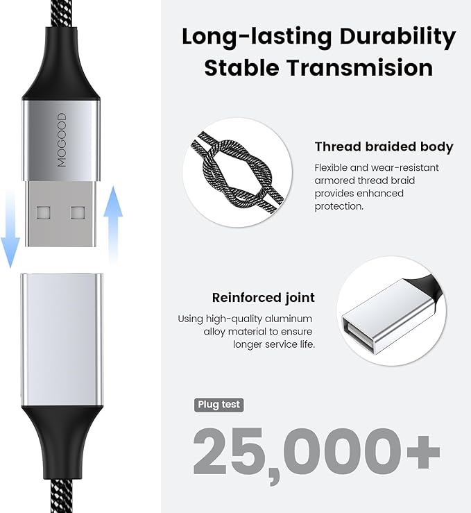 Durable USB A Male to 2 Female Extension Cord - Nylon Braided Splitter Cable for Printer, Keyboard, Flash Drive, Hard Drive, PlayStation
