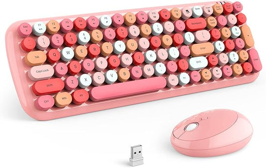 MOFII Wireless Keyboard and Mouse Combo, Full-Size Retro Typewriter-Style Wireless Keyboard with Optical Mouse for Computer/Laptop/Windows/Mac (Pink Colorful)