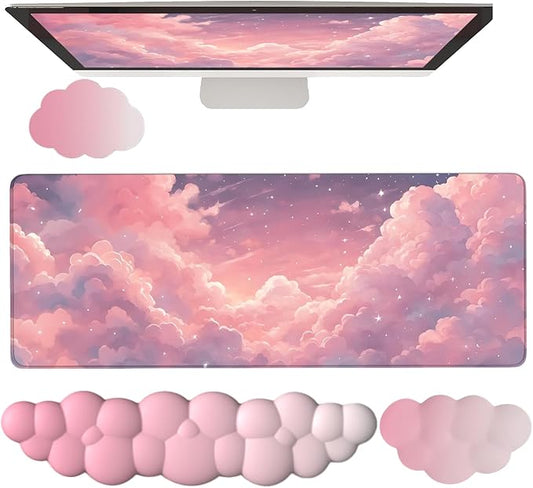Pink Cloud Large Mouse Pad for Desk Cloud Keyboard Wrist Rest 4PCS Extended Cloud Desk Mat Pad Set Memory Foam Non-Slip Ergonomic Cute Gaming Mouse Pad Wrist Support for Computer Laptop Home Office