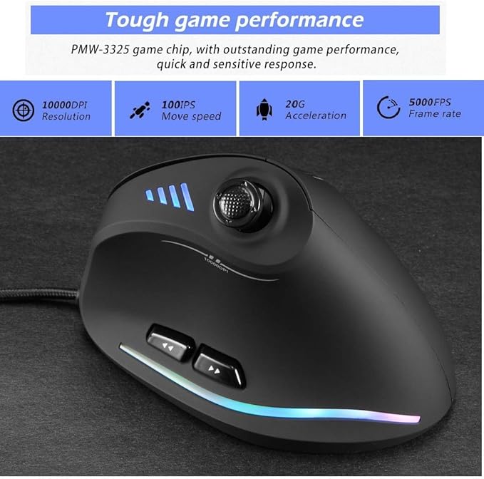 ZLOT Vertical Gaming Mouse,Wired RGB Ergonomic USB Joystick Programmable Laser Gaming Mice,6+1 Design,11 Buttons,1000 Hz Max Polling Rate,10000 Max DPI,Upgraded Version for Computer Gamers,Black