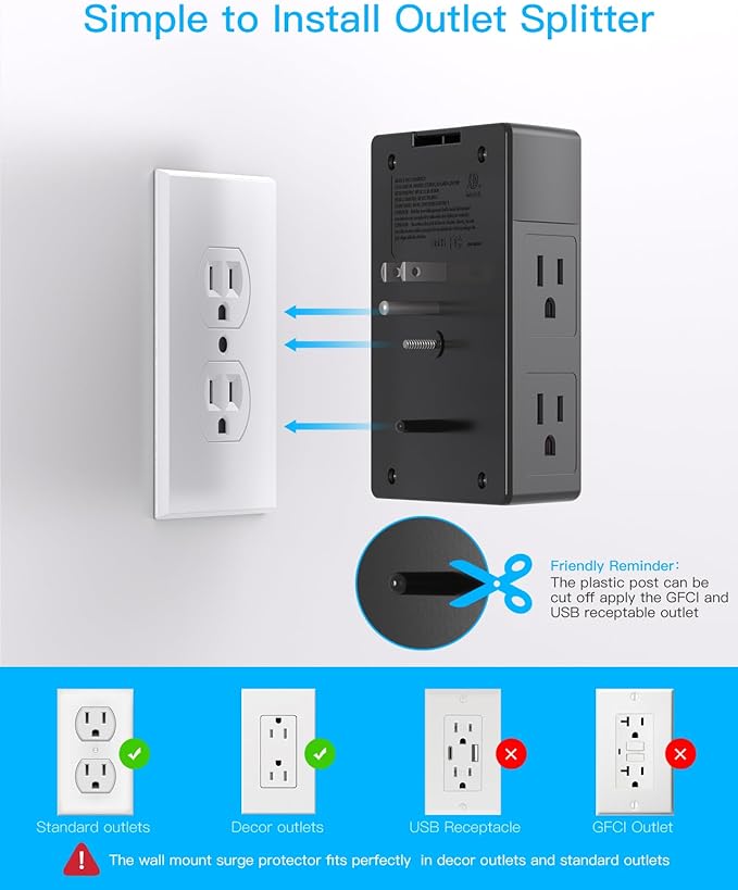 2 Pack Surge Protector, 5 Outlets Extender with 4 USB Ports(USB C), 3-Side 1680J Power Strip Multi Plug Outlet Expander, USB Wall Charger, Outlet Splitter Adapter Wall Mount for Home Office ETL Listed