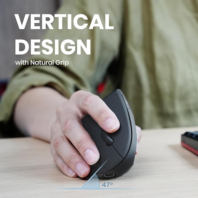 Perixx PERIMICE-713R Wireless Rechargeable Vertical Mouse - Duo Wired and Wireless Charging Feature - 6 Buttons Design - Black - Right-Handed Design