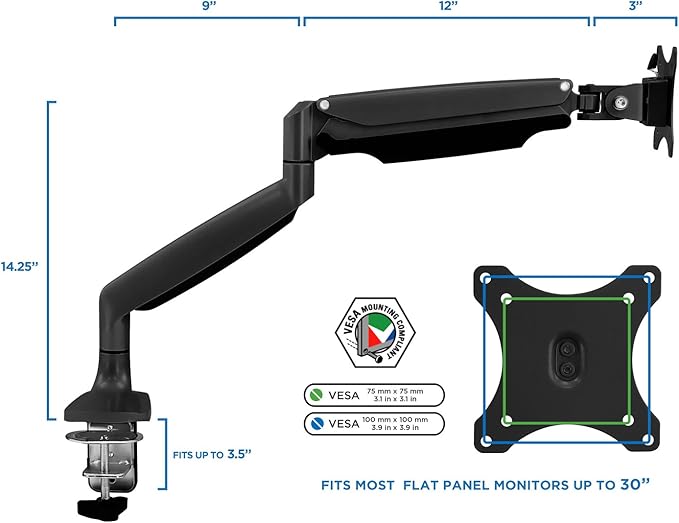 Mount-It! Single Monitor Arm Desk Mount with Gas Spring, Height Adjustable Monitor Stand for 13–32 Inch Screens up to 20 lbs, VESA 75x75 & 100x100, C-Clamp & Grommet, Sit-Stand Desk Compatible
