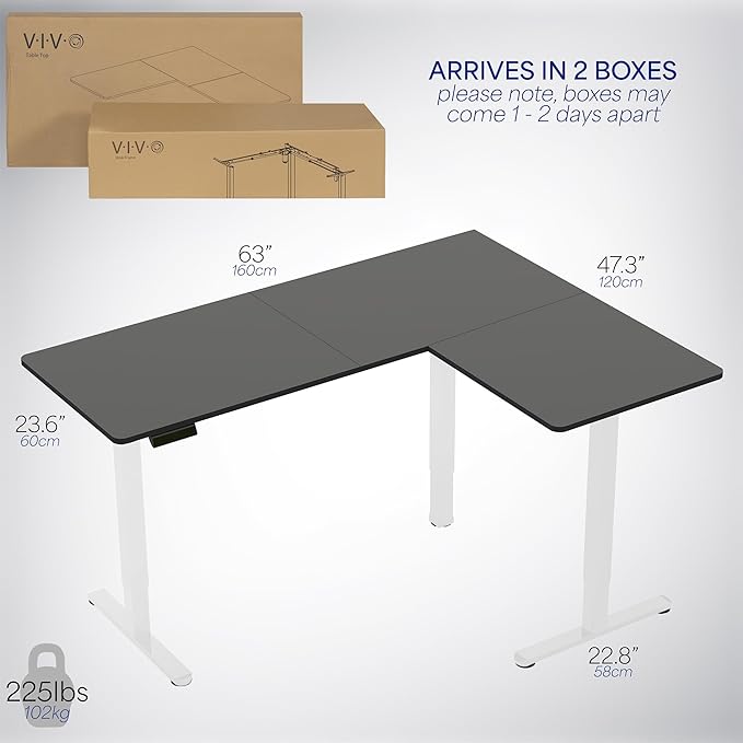 VIVO Corner Standing Desk, 63 x 47 inch Reversible L-Shaped Workstation, Electric Height Adjustment, Home, Office, and Reception Rooms, Black Table Top White Frame, DESK-E3CTWB-47