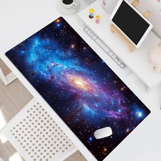 HVEST Galaxy Extended Gaming Mouse Pad, Blue Purple Galaxy Space Desk Mat XL,Large Keyboard and Mouse Pad with Non-Slip Rubber Base and Stitched Edge for Game, Office, Home 31.5'' x 15.7''