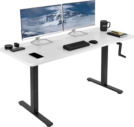 VIVO Manual Height Adjustable 60 x 24 inch Stand Up Desk, White Solid One-Piece Table Top, Black Frame, Standing Workstation with Foldable Handle, DESK-KIT-MB6W