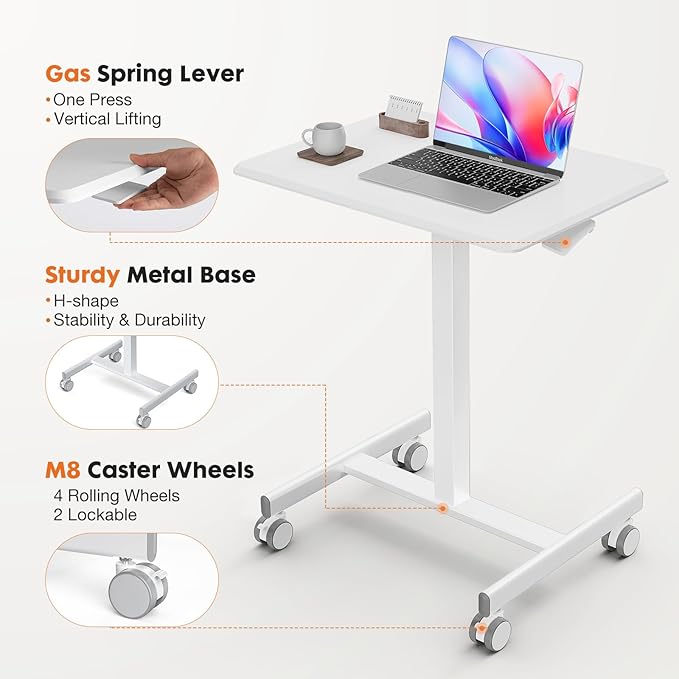 Sweetcrispy Mobile Small Standing Desk - Sit Stand Portable Rolling Laptop Desk with Lockable Wheels, Adjustable Height Computer Workstations, White