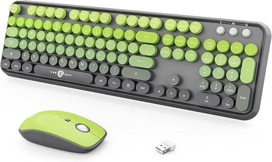 Wireless Keyboard and Mouse Combo, 104 Round Keys Cute Colorful Keyboard and Mouse with Retro Typewriter for PC Mac Laptop Tablet Computer Windows Gray Green