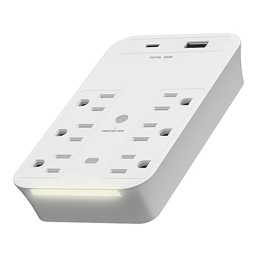 LIDER 6-Outlet Surge Expander with PD-65W USB Type A/C and Guide Light, Fast Rapid Charging, Surge Protector Up to 1500J with LED Indicator, USB Wall Outlet Extender, UL-Listed, White