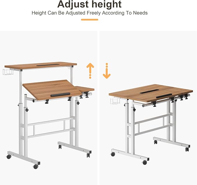 SogesPower 2 Platforms Mobile Laptop Desk Adjustable Side Table Computer Stand for Bed Sofa,Mobile Standing Desk with Cup Holder and Hooks,Oak