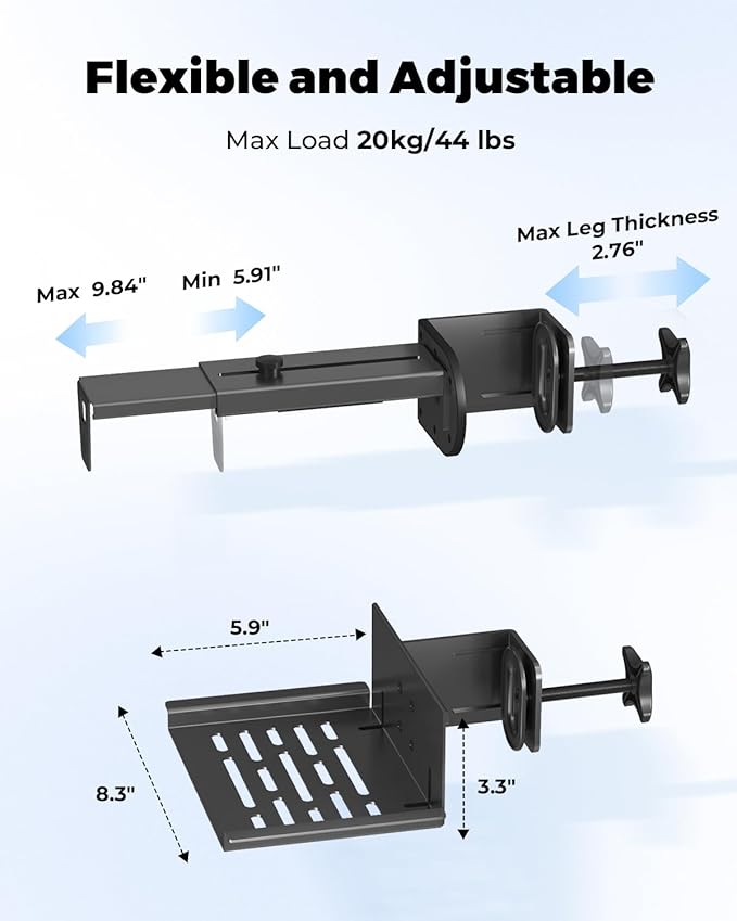 JOY worker Under Desk PC Mount for Standing Desk, Clamp-On Desk Leg Computer Mount, No Drilling, Adjustable Computer Case CPU Holder Holds Up to 44lbs, Black PC Tower Mount