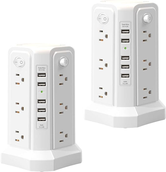 Surge Protector Power Strip Tower with 5 USB Ports and Night Light, 10FT Extension Cord with 12 AC Multiple Outlets, PASSUS Power Tower, Overload Protection for Home Office Dorm Room (2PC-White)