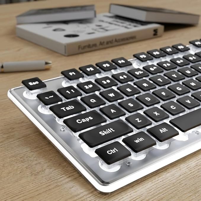EWEADN GX710S Backlit Computer Keyboards, Wired USB Keyboard with White Backlit, Metal Panel, Plug and Play, Pudding Keycaps Full Size Quite Computer Keyboard for Win/PC/Laptop-Black