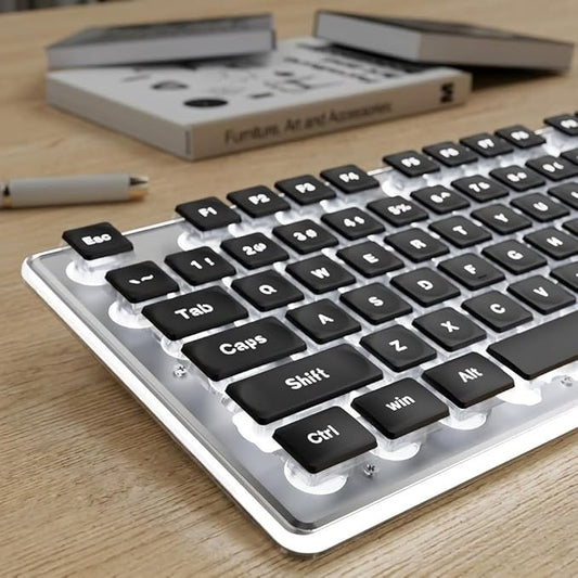 EWEADN GX710S Backlit Computer Keyboards, Wired USB Keyboard with White Backlit, Metal Panel, Plug and Play, Pudding Keycaps Full Size Quite Computer Keyboard for Win/PC/Laptop-Black