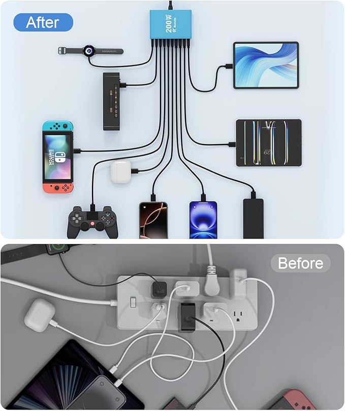 USB C Charging Station 10 Port with 4 USB Cables, 200W GaN Type C Charger Block, Wall Charger Power Strip Adapter Plug for iPad iPhone17 16 15 14 13 12 Pro Max Pixel Note Galaxy