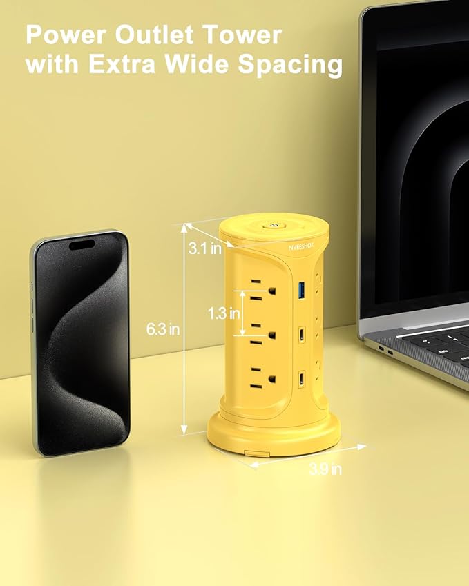 Tower Power Strips with Surge Protection, 6.5FT Flat Extension Cord with Multiple Outlets, 12 AC 4 USB Ports(2 Type C), Flat Plug Surge Protector Power Strip with Screw Wall Mount for Home Office Dorm