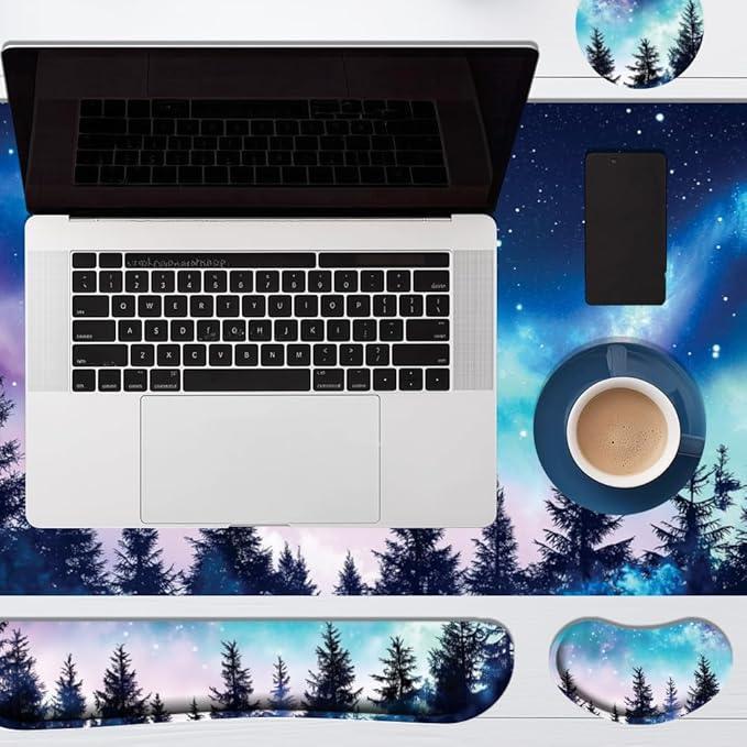 4 in 1 Large Keyboard Mouse Pad Set,Ergonomic Keyboard Wrist Rest Pad,Wrist Support Mousepad Set,Cup Coaster,Extended Desk Mat for Home Game Women Office Desk Decor Accessories(Night Sky)