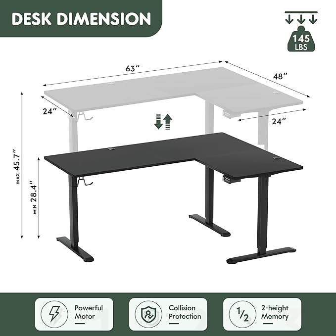 Furmax 63 x 48 Inch L Shaped Standing Desk with 2 Preset Heights, Electric Height Adjustable Computer Table, 2 Hooks & Feet Balance, Corner Sit Stand Desk for Home Office (Black, 63 x 48 Inch)