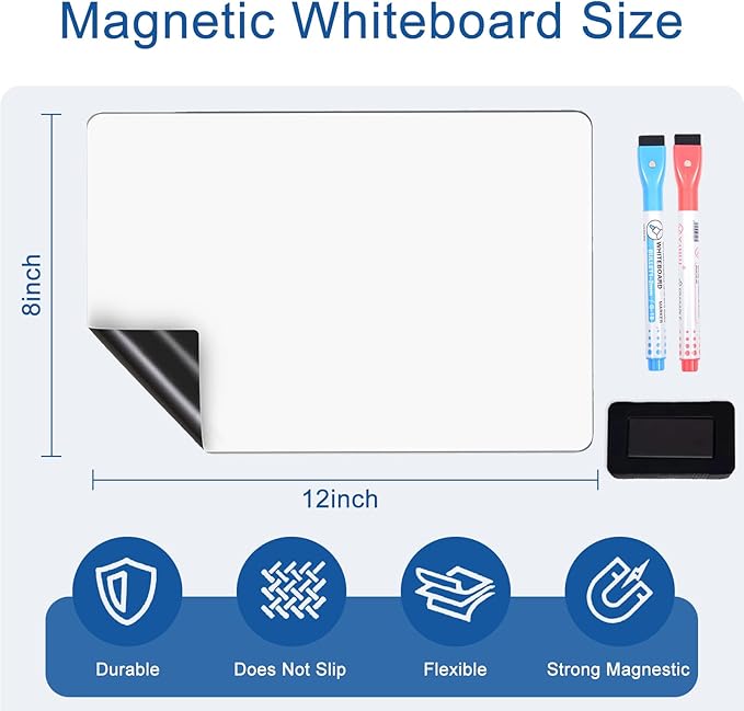 Magnetic Whiteboard for Fridge - 12x8 Inch Flexible Memo Board, Comes with 2 Markers and 1 Eraser, Refrigerator Memo Board for Kitchen, Office, and Home