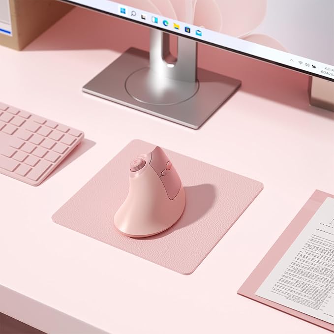 seenda Ergonomic Mouse Wireless, MOU-302 Bluetooth Vertical Mouse Rechargeable, Optical Mice with 1000/1600/2400 DPI, Volume Knob, 3 Multi-Device Connectivity for Computer/PC/Laptop/Mac, Pink