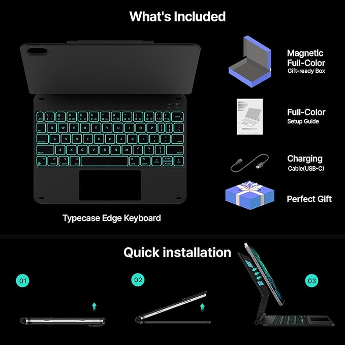 typecase Edge Keyboard Case for iPad 11th Gen A16 (2025) & 10th Gen 10.9" (2022) – Multi-Touch Trackpad, 11-Color Backlit Magic-Style Keyboard – Floating Magnetic Stand, Pencil Holder – Black