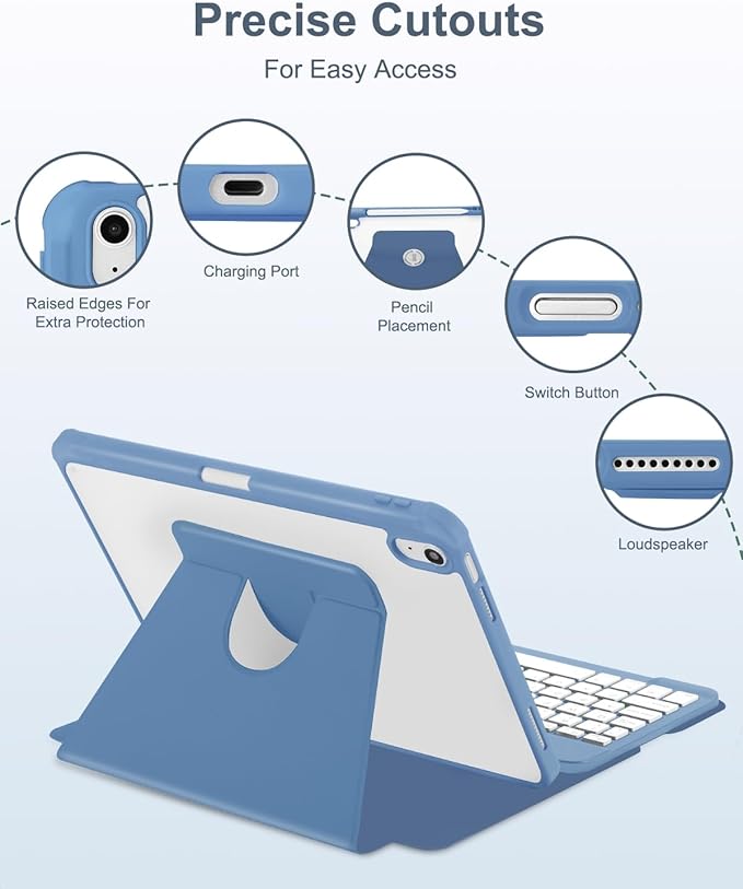 Case with Keyboard Mouse for iPad A16 11th 10th Generation 11/10.9 inch,Rainbow Backlit Detachable Keypad Rotatable Magnetic Cover with Pencil Holder for iPad 11 2025 10 Gen 2022 Blue