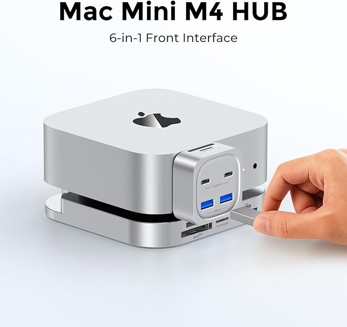 Mac mini M4 Hub, 6-in-1 Front-Access Docking Station, Mac mini M4 Accessories with 4× USB3.2 10Gbps (USB-C & USB-A), SD/TF 3.0 Card Reader, Space-Saving Splitter for Creators & Professionals