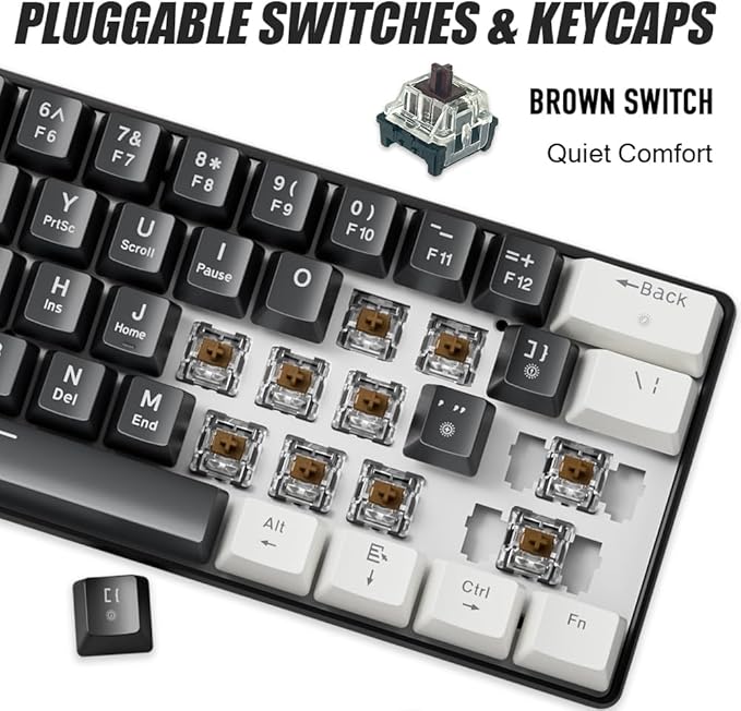 abucow 60% Mechanical Gaming Keyboard Brown Switch Wired Compact Keyboard Anti-Ghosting No-Conflict 61 Swappable keycaps Ergonomic Design for Windows/Mac