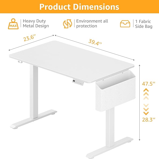White Electric Sit To Stand Desk - 40 Inch Small Computer Desk Adjustable Height for Work Study Writing, Compact Sit Stand up Desks Table Workstation for Small Space Adult Boy Girl Home Office Bedroom