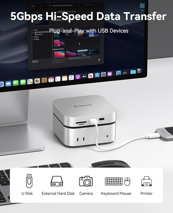 ORICO MiniLink Mac mini M4 Hub with SATA SSD Enclosure, 5Gbps(480MB/s) USB 3.0 Port, SD 3.0/TF 3.0 Card Readers, 3.5mm Headphone Jack and Microphone Jack (M410P)