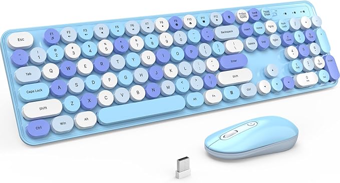 Wireless Keyboard and Mouse, Silent Keyboard Mouse Combo, Full-Sized Colorful Typewriter Keyboard with Round Keycaps, 2.4G Cute Mouse Compatible with PC/Laptop/Computer(Blue White)