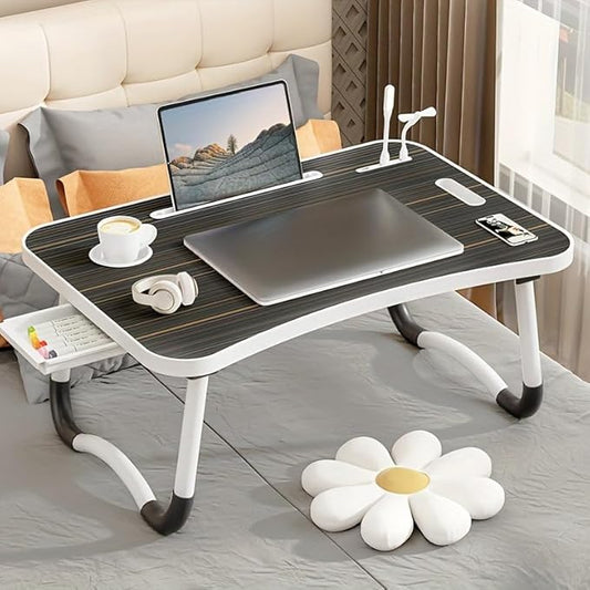 Portable Foldable Laptop Bed Table with 3 Port USB, Storage Drawer and Cup Holder, Laptop Desk Stand Tray for Eating, Reading and Working (Black)