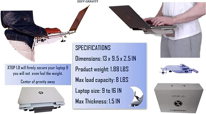 XTOP - Advanced Portable Desk for Laptop Computers, Gravity Defying Mobile Desk for Laptops - for use While Standing, Walking Around, Sitting, Reclining or Lying in Bed (Silver)