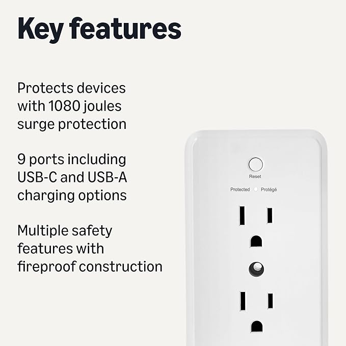 Amazon Basics Wall Mount Surge Protector Power Strip with 9-in-1 Hub, 1080 Joules, 6 AC Outlets, 1 USB-A and 2 USB-C (20W Fast Charging), White