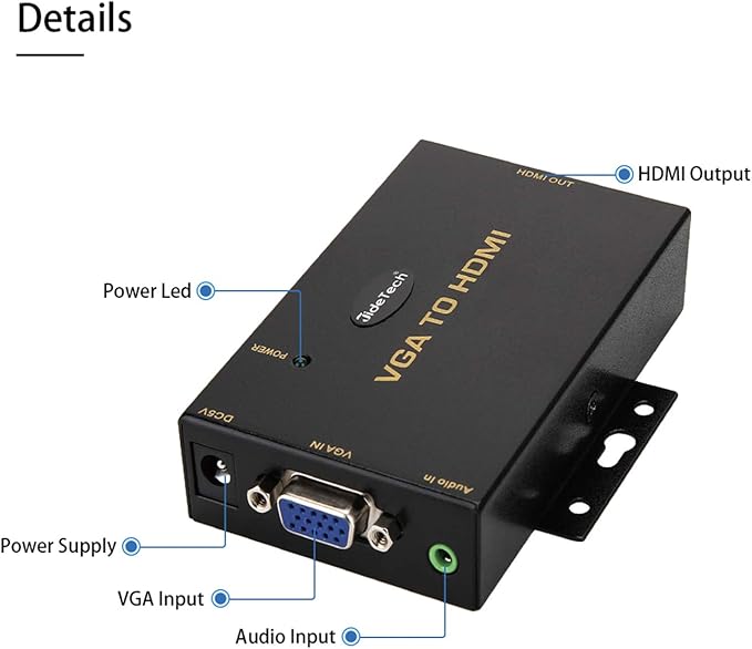 JideTech 1080P VGA to HDMI Converter with 3.5mm Audio Port for PC Laptop Display Computer Mac Projector
